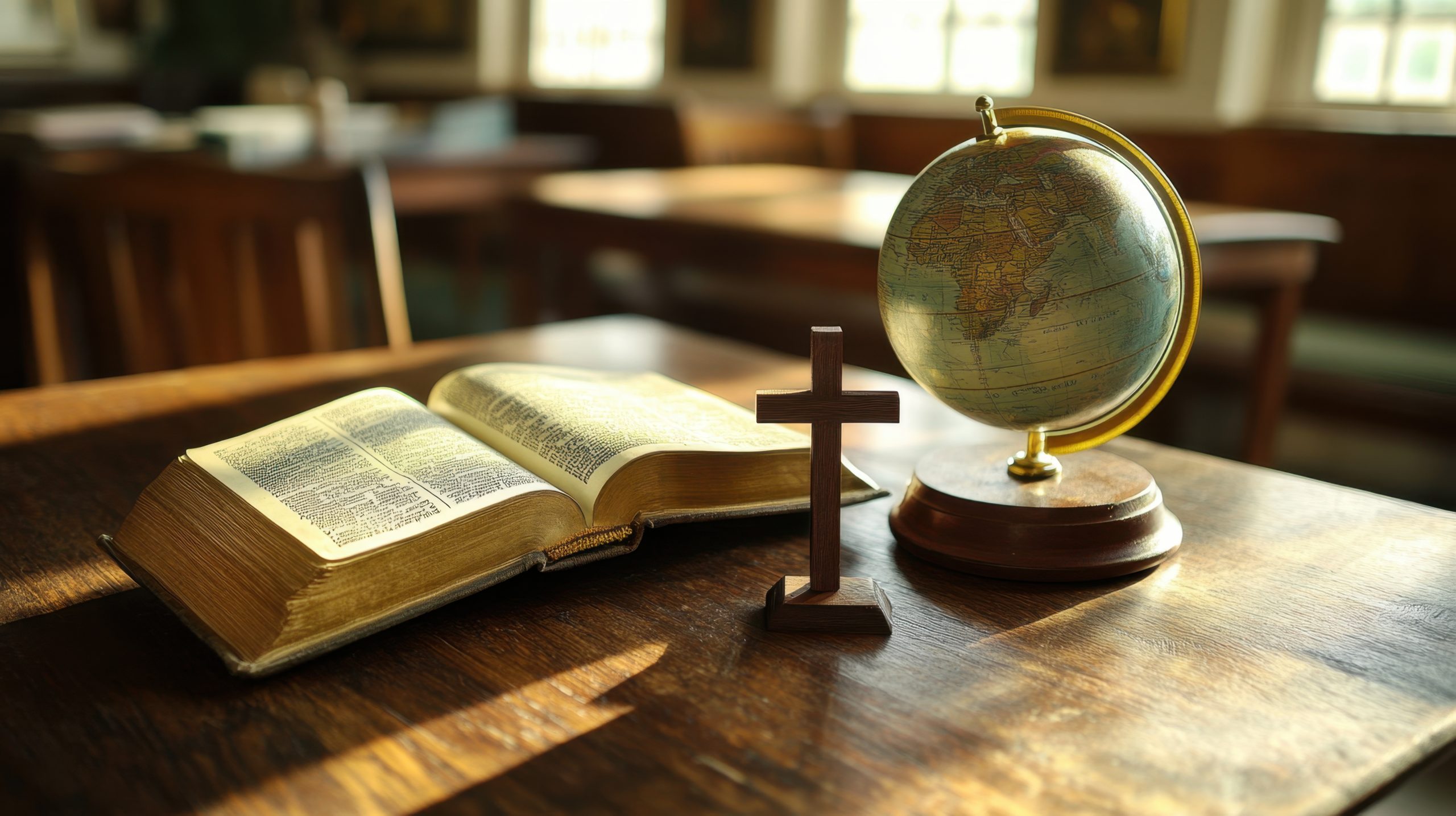 A warm and inviting scene featuring a Bible, a globe, and a wooden cross placed on a table, perfect for illustrating themes of faith, education, and exploration.